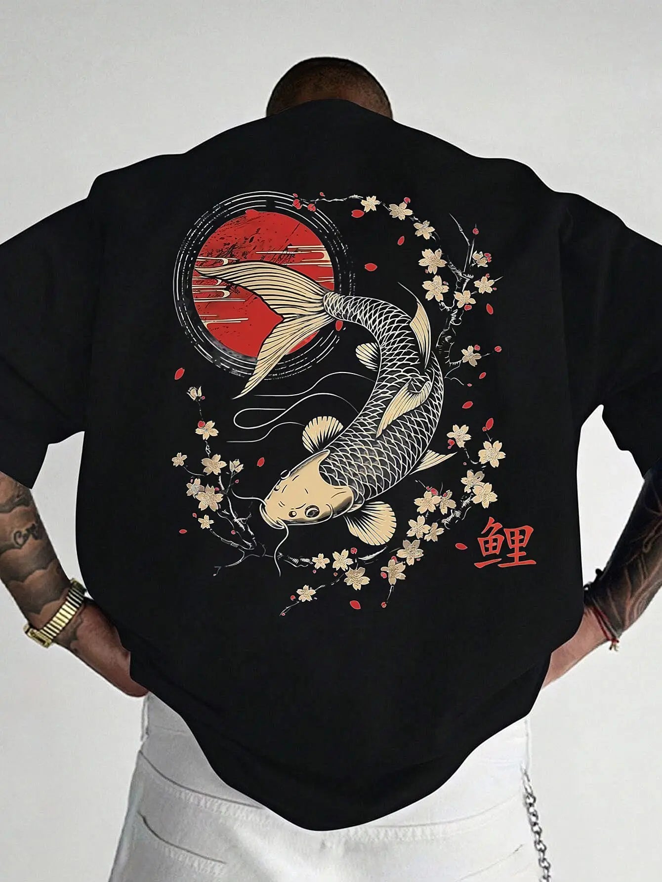 Men's summer 100% pure cotton fashionable casual sports loose Japanese goldfish pattern printed round neck short sleeved T-shirt