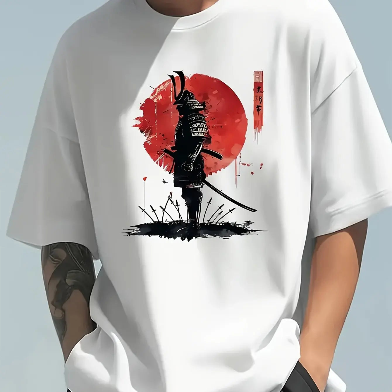 Men's Summer 100 Cotton Fashionable Casual Loose Japanese Samurai Pattern Printed Round Neck Short Sleeve T-shirt Top