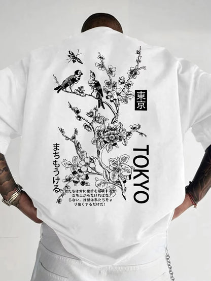 Men's Casual Flower and Bird Print Breathable Polyester Round Neck Topsummer Outdoor Fashiondaily Wear T-shirt Loose Casual Top