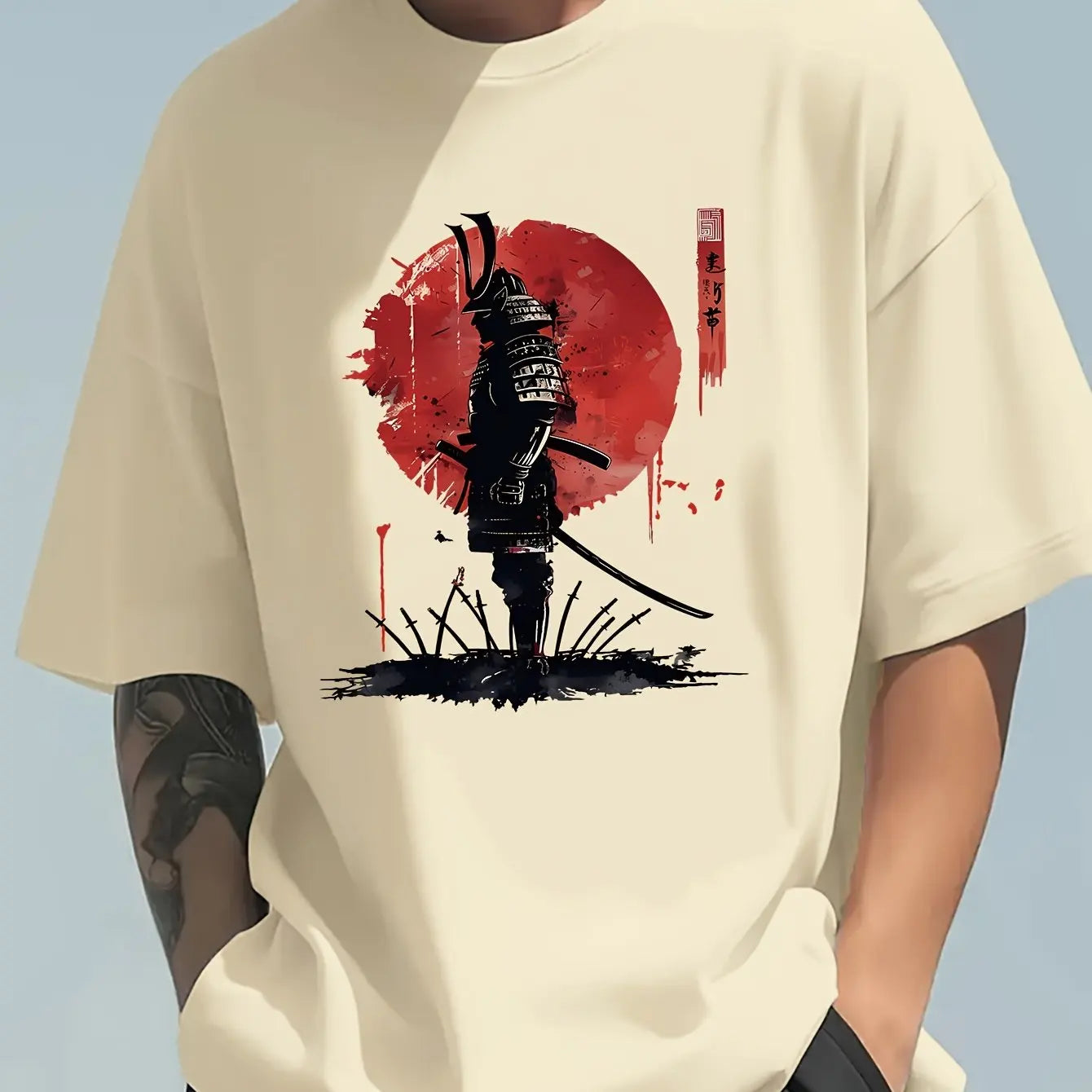 Men's Summer 100 Cotton Fashionable Casual Loose Japanese Samurai Pattern Printed Round Neck Short Sleeve T-shirt Top