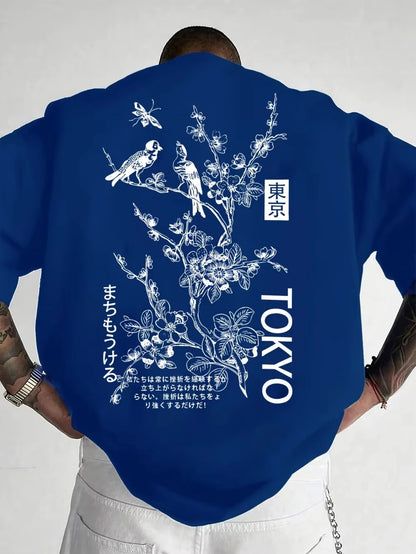 Men's Casual Flower and Bird Print Breathable Polyester Round Neck Topsummer Outdoor Fashiondaily Wear T-shirt Loose Casual Top