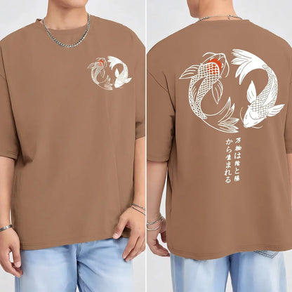 Japanese Koi Harajuku Illustration Pattern T-Shirt Men Summer Casual T Shirt Soft Fashion Short Sleeve Loose Cotton Sportswear
