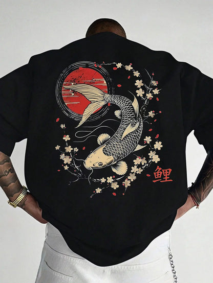 Men's summer 100% pure cotton fashionable casual sports loose Japanese goldfish pattern printed round neck short sleeved T-shirt
