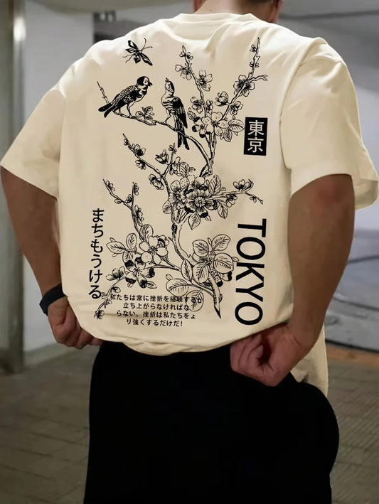 Men's Casual Flower and Bird Print Breathable Polyester Round Neck Topsummer Outdoor Fashiondaily Wear T-shirt Loose Casual Top