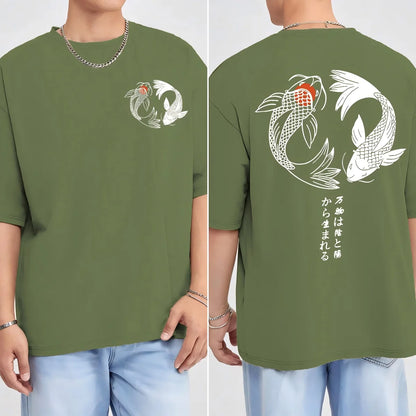 Japanese Koi Harajuku Illustration Pattern T-Shirt Men Summer Casual T Shirt Soft Fashion Short Sleeve Loose Cotton Sportswear