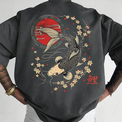 Men's summer 100% pure cotton fashionable casual sports loose Japanese goldfish pattern printed round neck short sleeved T-shirt