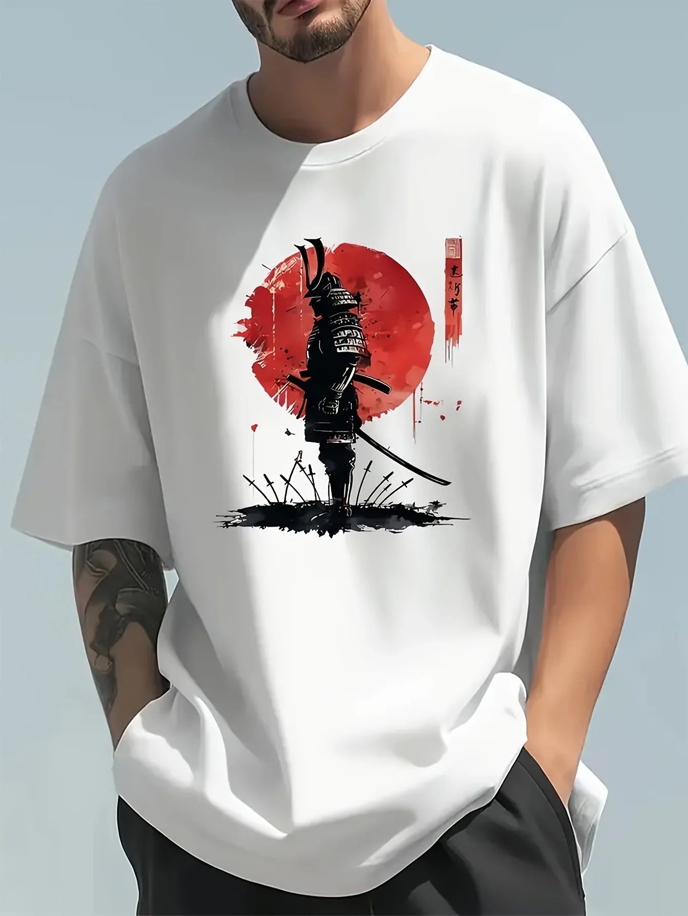 Men's Summer 100 Cotton Fashionable Casual Loose Japanese Samurai Pattern Printed Round Neck Short Sleeve T-shirt Top