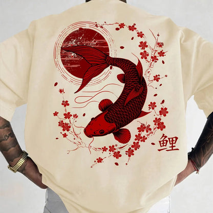 Men's summer 100% pure cotton fashionable casual sports loose Japanese goldfish pattern printed round neck short sleeved T-shirt