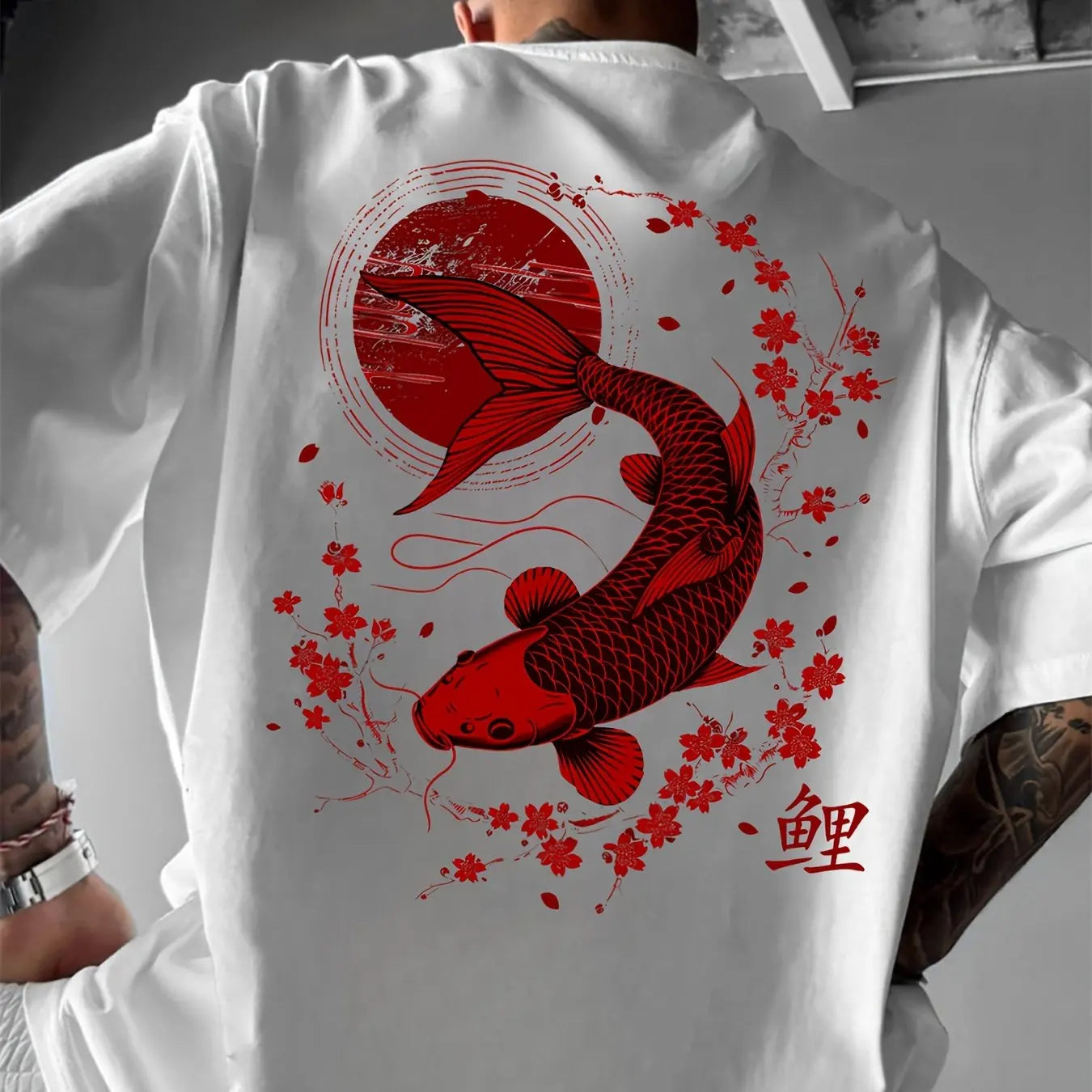 Men's summer 100% pure cotton fashionable casual sports loose Japanese goldfish pattern printed round neck short sleeved T-shirt