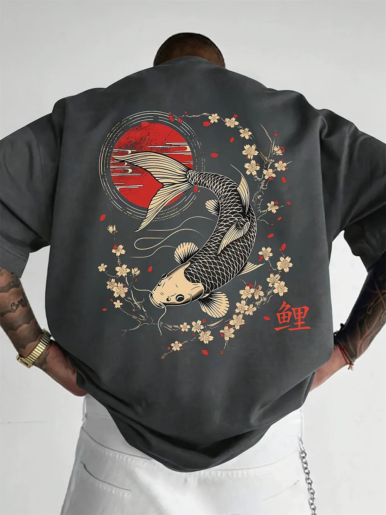 Men's summer 100% pure cotton fashionable casual sports loose Japanese goldfish pattern printed round neck short sleeved T-shirt