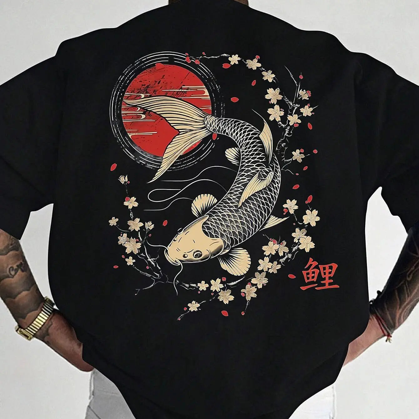 Men's summer 100% pure cotton fashionable casual sports loose Japanese goldfish pattern printed round neck short sleeved T-shirt