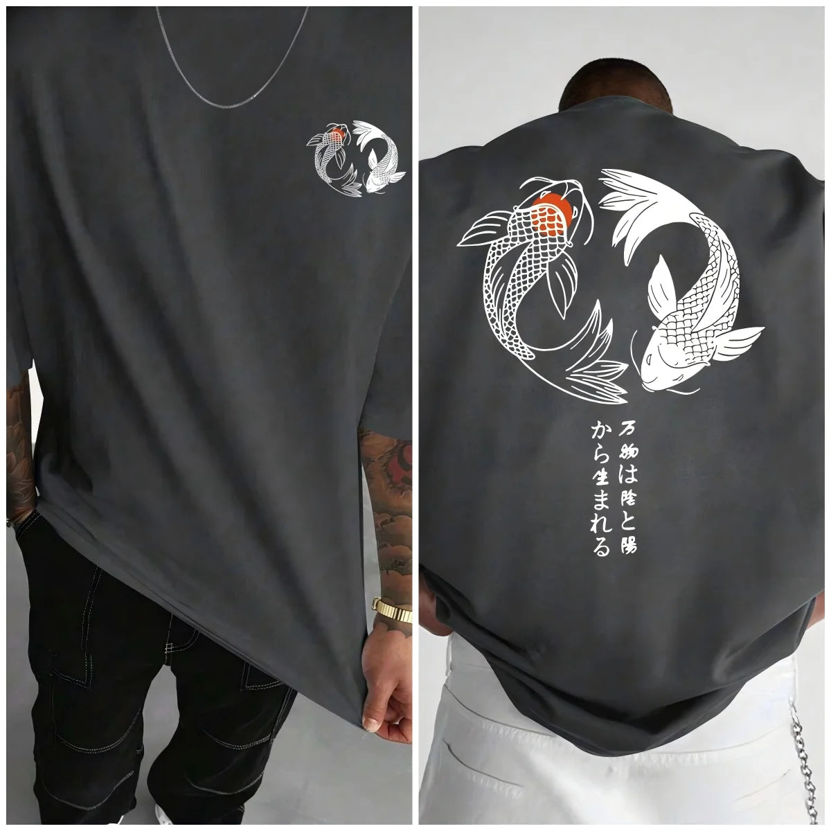 Japanese Koi Harajuku Illustration Pattern T-Shirt Men Summer Casual T Shirt Soft Fashion Short Sleeve Loose Cotton Sportswear