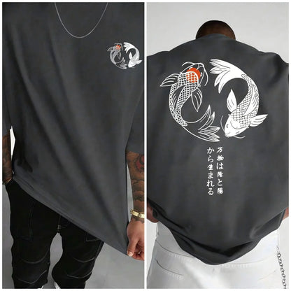 Japanese Koi Harajuku Illustration Pattern T-Shirt Men Summer Casual T Shirt Soft Fashion Short Sleeve Loose Cotton Sportswear