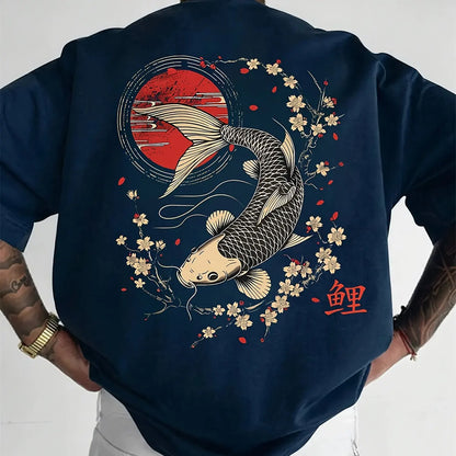 Men's summer 100% pure cotton fashionable casual sports loose Japanese goldfish pattern printed round neck short sleeved T-shirt