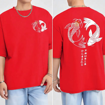 Japanese Koi Harajuku Illustration Pattern T-Shirt Men Summer Casual T Shirt Soft Fashion Short Sleeve Loose Cotton Sportswear