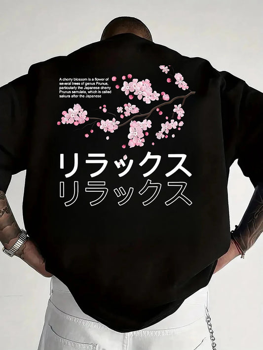 Sakura Japanese Pattern T-shirt Men's Summer Sweat-absorbing Breathable Top Outdoor Short-sleeved Trendy Men's Clothing