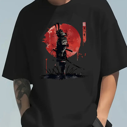Men's Summer 100 Cotton Fashionable Casual Loose Japanese Samurai Pattern Printed Round Neck Short Sleeve T-shirt Top